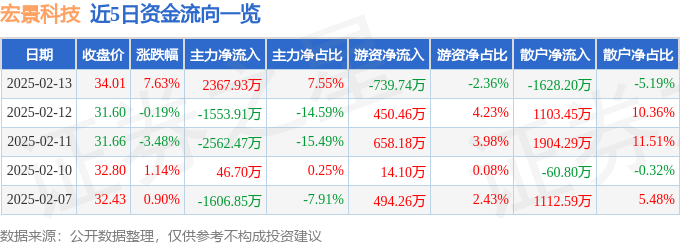 异动快报：宏景科技（301396）2月13日13点41分触及涨停板